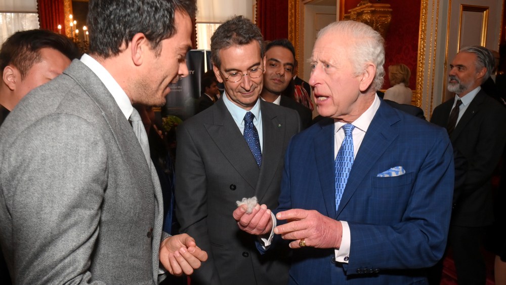 Brunello Cucinelli chief executive officer Riccardo Stefanelli, Federico Marchetti, founder of Yoox Net-a-Porter Group, and King Charles III at the launch of the Circular Bioeconomy Alliance at St James Palace in London, England.