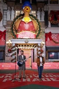 NEW YORK, NEW YORK - NOVEMBER 26: (L-R) Dan Smyers and Shay Mooney of Dan + Shay perform during 2024 Macy's Thanksgiving Day Parade Rehearsals - Day 2 at Macy's Herald Square on November 26, 2024 in New York City.  (Photo by Michael Loccisano/Getty Images)