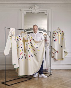 Jean-Charles de Castelbajac with some of his designs for liturgical vestments to be worn at the ceremony to reopen Notre-Dame de Paris cathedral.