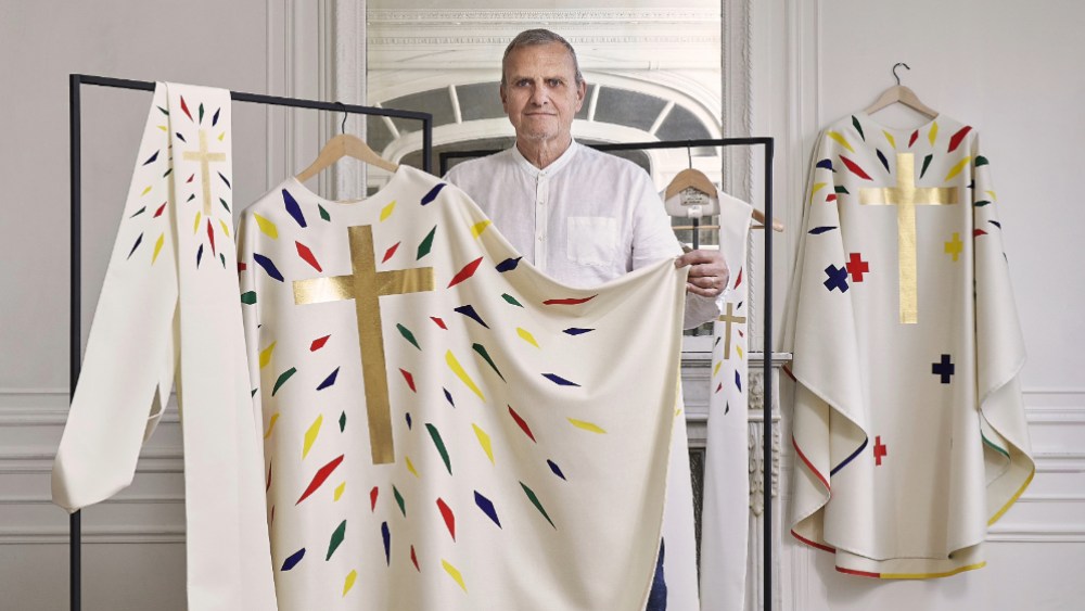 Jean-Charles de Castelbajac with some of his designs for liturgical vestments to be worn at the ceremony to reopen Notre-Dame de Paris cathedral