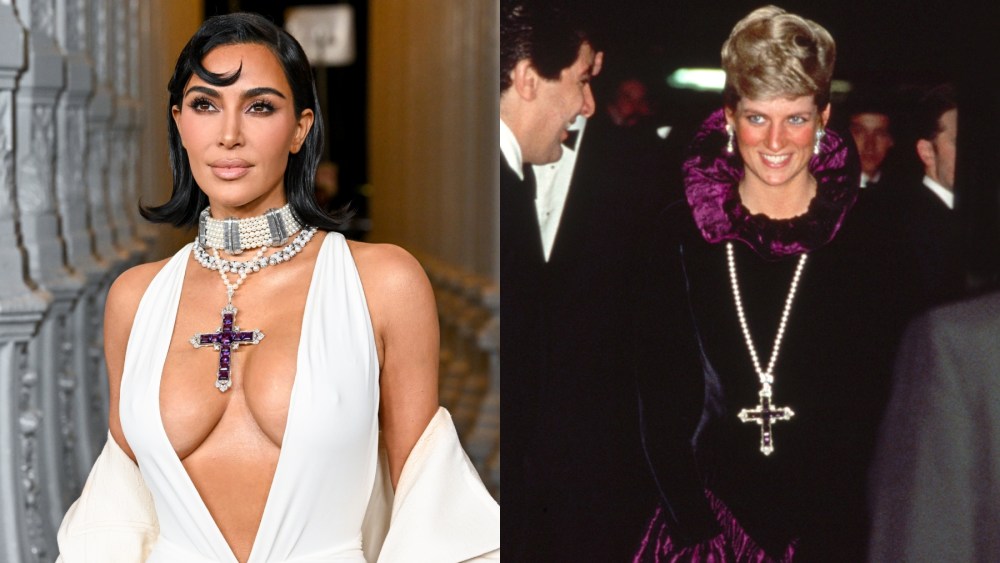 Kim Kardashian at the 2024 LACMA Art+Film Gala on Nov. 2 in Los Angeles; Princess Diana in 1987, attallah cross, amethyst pendant, Gucci, red carpet
