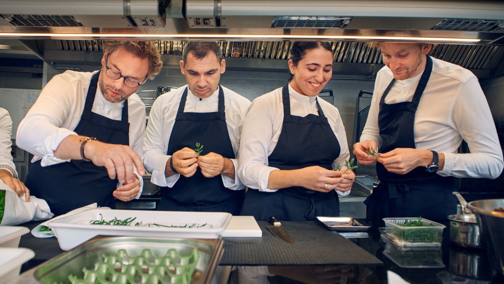 Chefs Arnaud Donckele, Christophe Bellanca, Mary George and Maxime Frédéric.