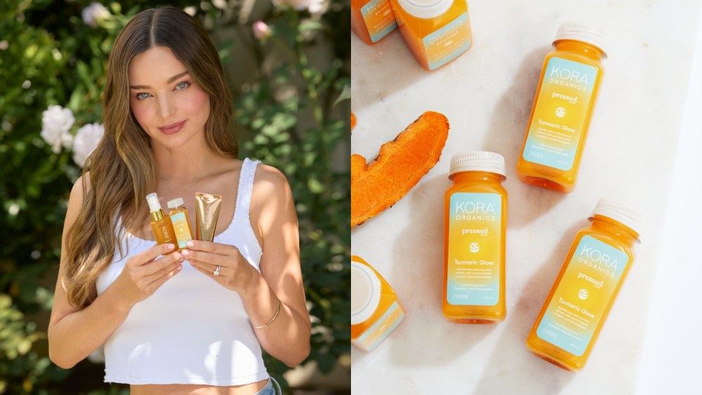 Miranda Kerr poses with the Kora Organics x Pressed Juicery Turmeric Glow System, wellness shots, skincare
