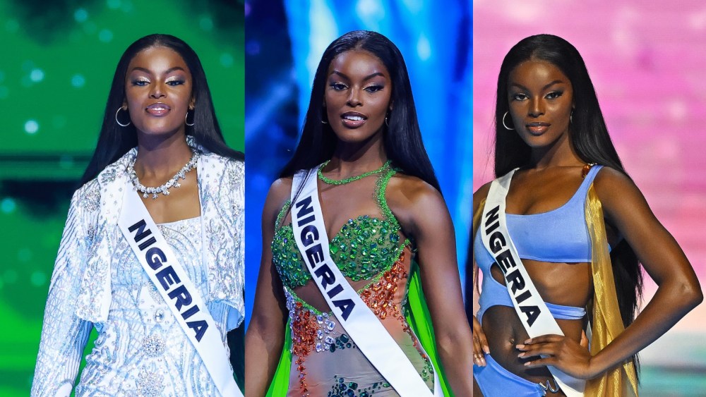 Miss Nigeria Chidimma Adetshina wears a white and silver dress and jacket, a green evening gown, and a blue cutout swimsuit, miss universe 2024 runner-up