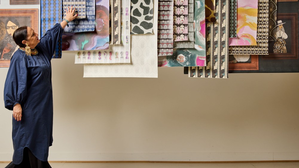 Rebecca Moses displays her new collection of wall coverings.