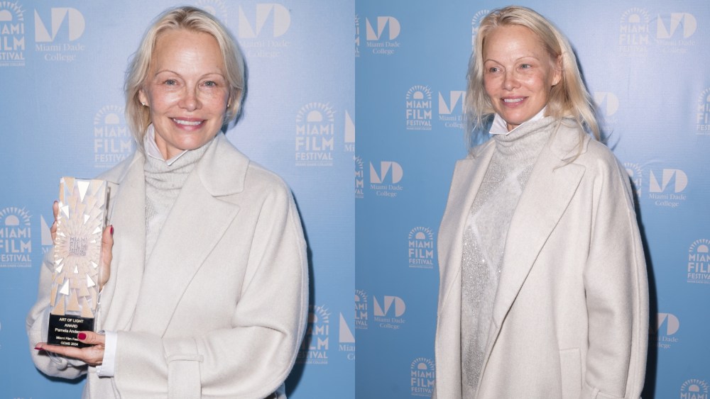 Pamela Anderson at the Miami Film Festival on November 3, monochrome, argyle sweater, turtleneck, coat