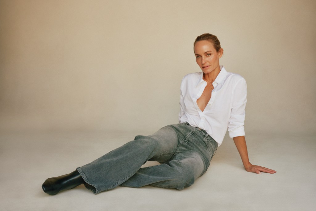 Amber Valletta in plastic-free strech denim style from Triarchy.