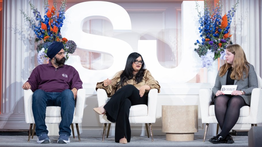 Left to right: Mandeep Bhatia, senior vice president, global digital product and omnichannel innovation at Tapestry; Purva Gupta, co-founder and CEO at Lily AI; and Meghan Hall, business reporter at Sourcing Journal.