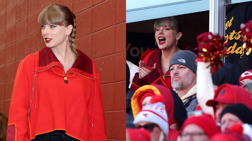 Taylor Swift wears red pullover by Louis Vuitton.