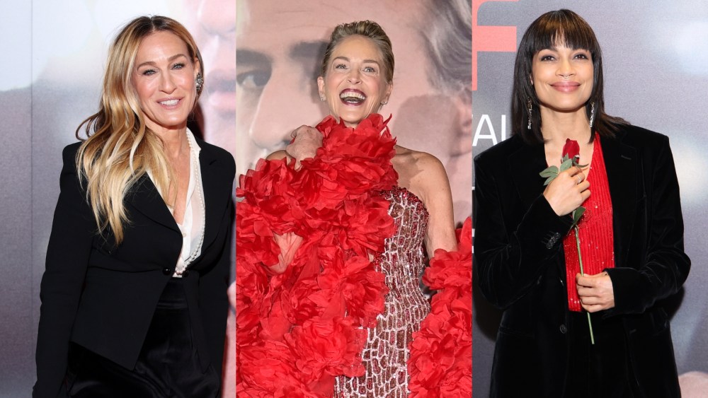 Sarah Jessica Parker stands next to Sharon Stone and Rosario Dawson.