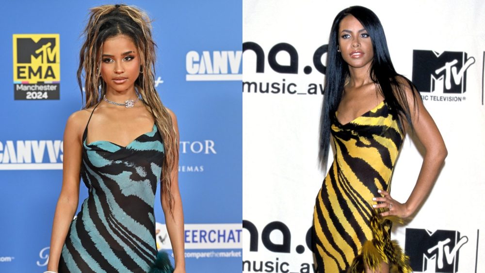 Tyla at the 2024 MTV EMAs on Nov. 10 in Manchester, England; Aaliyah at the 2000 MTV VMAs, red carpet, Roberto Cavalli