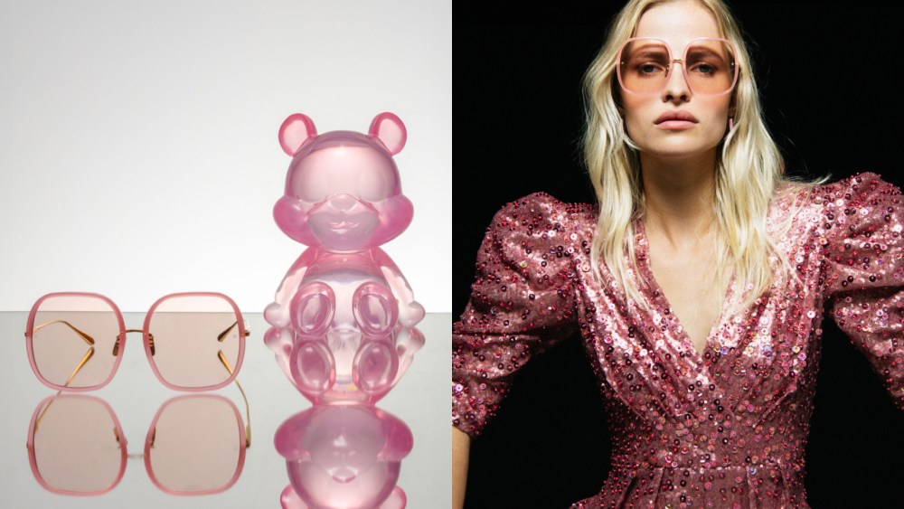 The pale pink Celia glasses and the matching Mila bear.