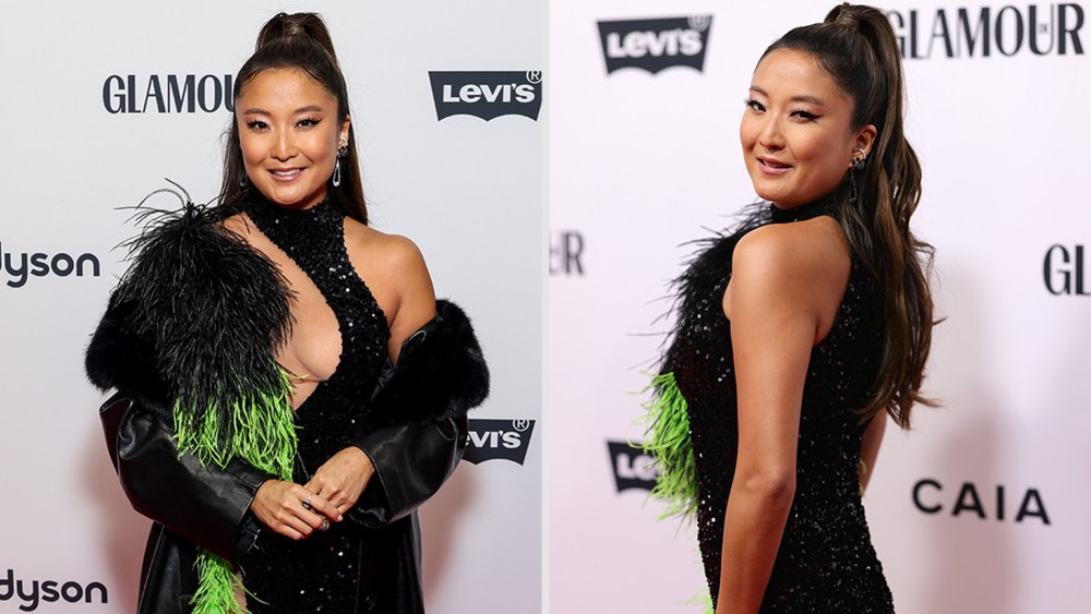 Ashley Park in black sequined Germanier cutout dress with 'Brat' green faux feathers at 2024 Glamour Women of the Year Awards in Berlin.