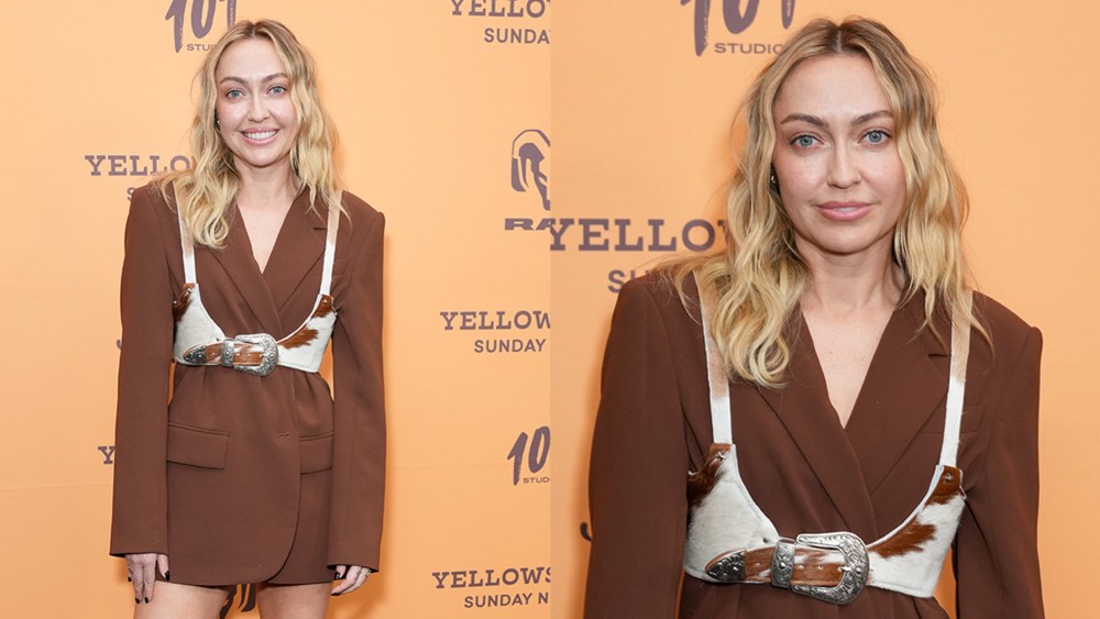 Brandi Cyrus in Western trend style in cow-print harness and cowboy boots for the Season Five premiere of 'Yellowstone'