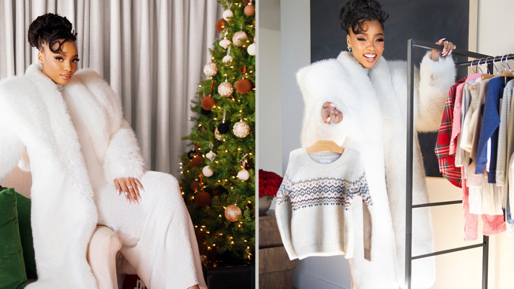 Chloe Bailey in plush all-white holiday look for her S'Auntie Claus giveaway with children's apparel brand Carter's.