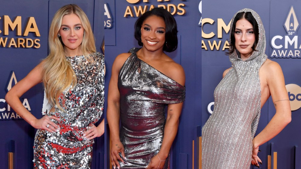 Kelsea Ballerini, Simone Biles, and Kassi Ashton wear silver dresses.