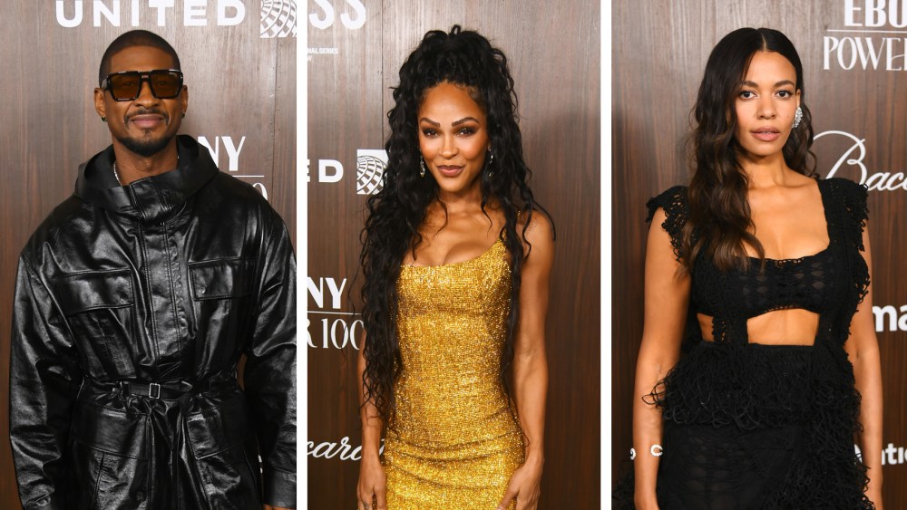 (L-R): Usher, Meagan Good and Aurora James at the 2024 EBONY Power 100 Gala held at Nya Studios West on November 17, 2024 in Los Angeles, California.