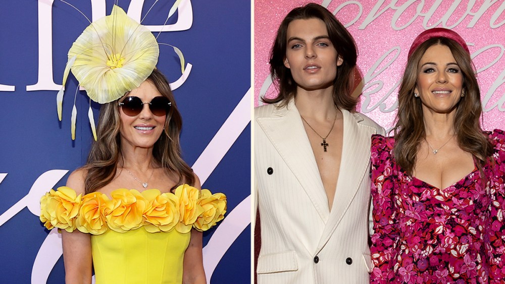 Elizabeth Hurley in Rebecca Vallance dresses poses at various events for Melbourne Cup alongside her son Damian Hurley on Nov. 5 and Nov. 6.