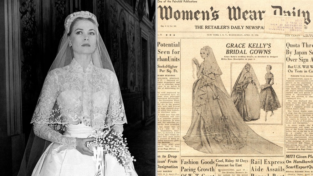 Grace Kelly's wedding dress detailed by WWD in an archival story from April 1956.
