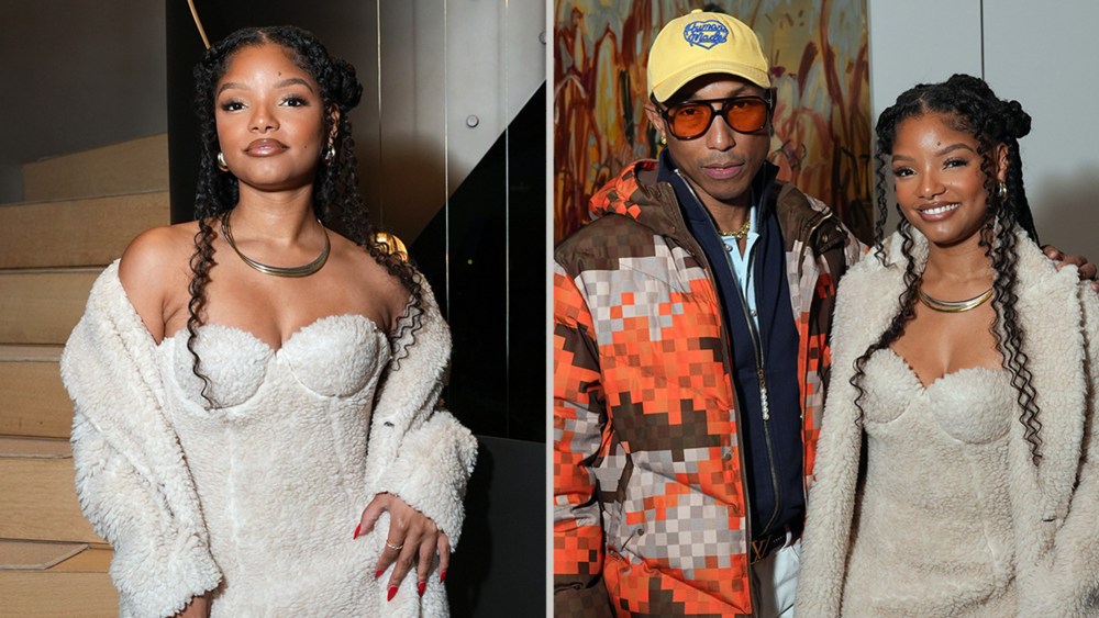 Halle Bailey in Giuseppe Di Morabito teddy minidress for the launch of Evian x Humanrace 'Fountain of Youth' launch with Pharrell