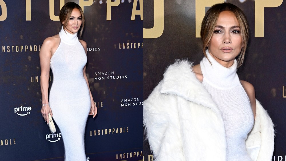 Jennifer Lopez in white knit bodycon dress at Unstoppable, premiere, London