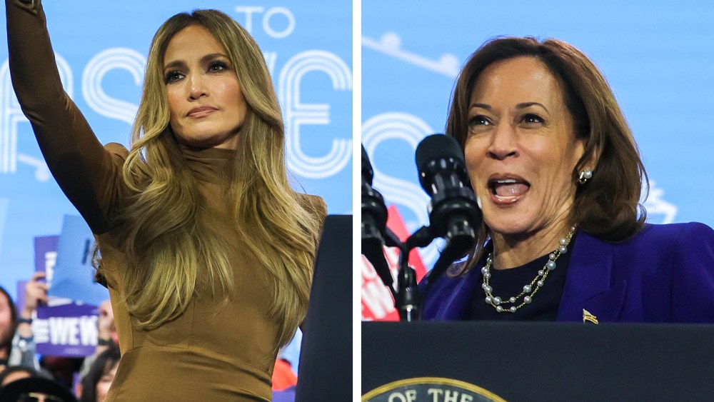 Jennifer Lopez, at left, and Democratic presidential nominee, U.S. Vice President Kamala Harris, during a campaign rally at the Reno Events Center on October 31, 2024 in Reno, Nevada.