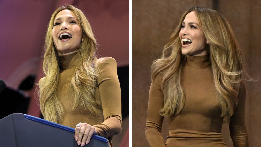 Jennifer Lopez wears brown alex perry midi dress arrives to speak during a campaign rally for US Vice President and Democratic presidential candidate Kamala Harris at the Craig Ranch Amphitheater in Las Vegas on Oct. 31, 2024,