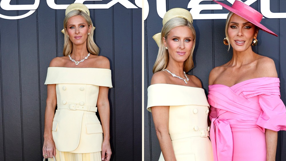 Nicky Hilton Rothschild in butter yellow skirt suit and Rebecca Vallance in pink dress at the Lexus Melbourne Cup in Australia, Nov. 5.