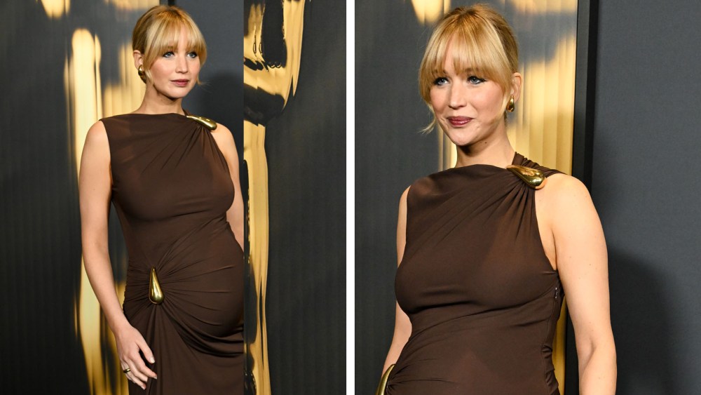 pregnant Jennifer Lawrence baby bump in bottega veneta brown dress at the 15th Governors Awards held at the Ray Dolby Ballroom at Ovation Hollywood on November 17, 2024 in Los Angeles, California.