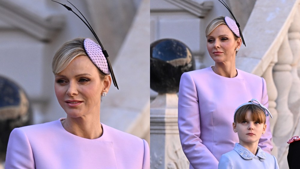 Princess Charlene, pantsuit, lilac, Monaco National Day of celebrations