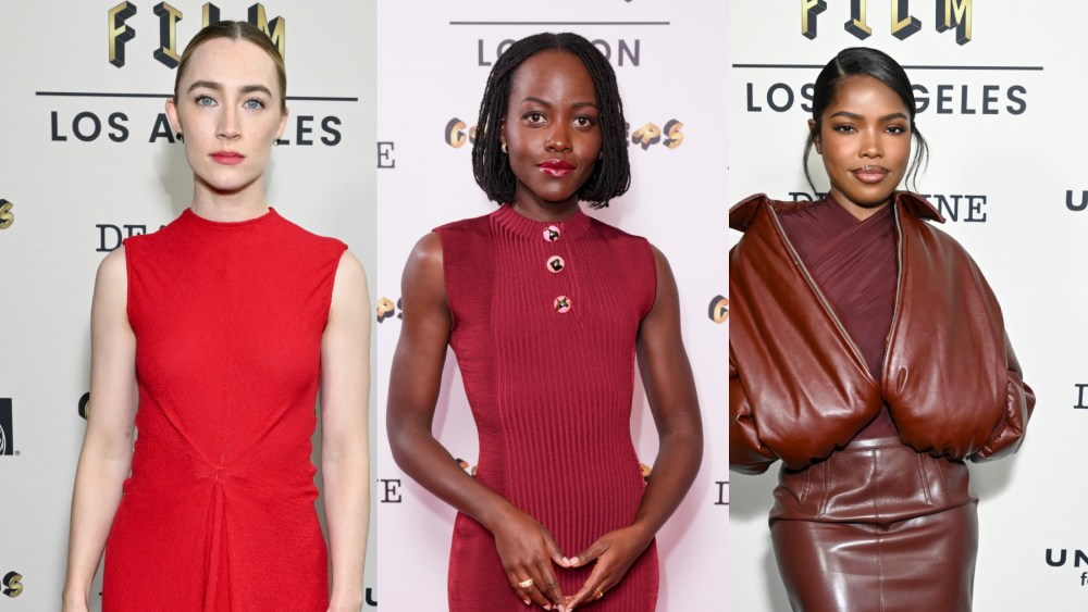 Saoirse Ronan, Lupita Nyong'o, and Ryan Destiny wear red oufits.