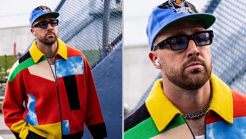 Travis Kelce arrives in Buffalo wearing an Elder Statesman XXSSENSE patchwork jacket ahead of the Chiefs vs. Bills game, Nov. 17.
