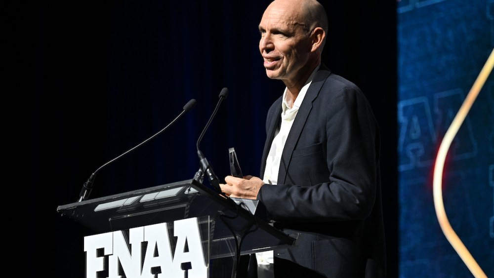 NEW YORK, NEW YORK - DECEMBER 04: Regis Schultz speaks onstage during the Footwear News Achievement Awards (FNAAs) 2024 at Cipriani South Street on December 04, 2024 in New York City. (Photo by Roy Rochlin/Footwear News via Getty Images)