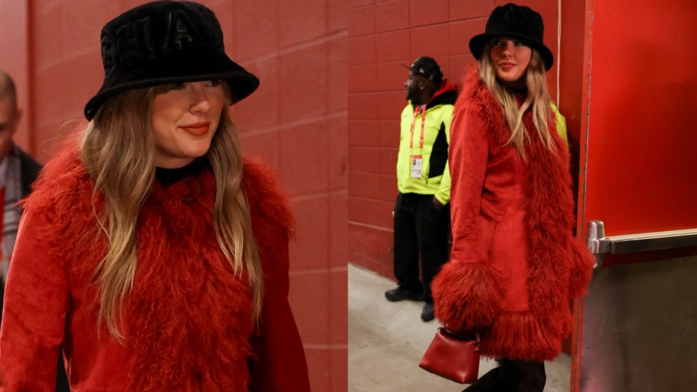 Taylor Swift looks on prior to a game between the Kansas City Chiefs and the Houston Texans at GEHA Field at Arrowhead Stadium on December 21, 2024 in Kansas City, Missouri, wears charlotte simone red coat for chiefs game outfit