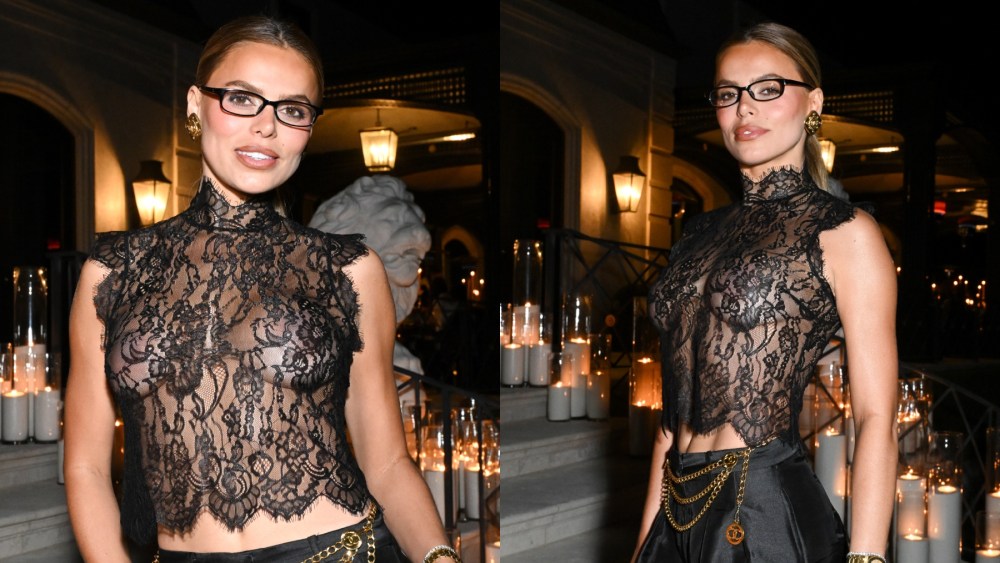 Brooks Nader at the L'Agence holiday dinner on Dec. 10 in Los Angeles, lace top, sheer, satin pants, Chanel
