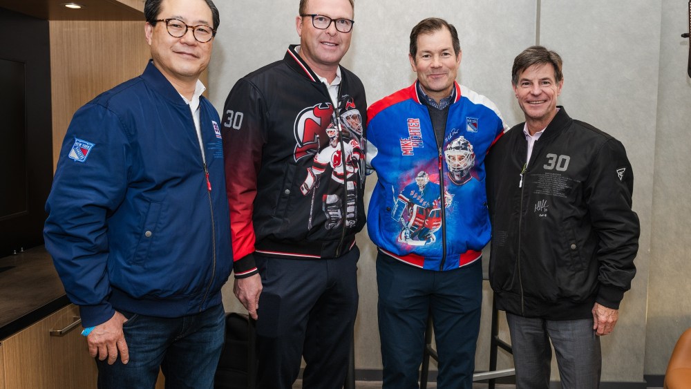 Bill Chang (CEO, AW Chang/FE) Martin Brodeur, Mike Richter and Jim Haskins, senior vice president of consumer products licensing NHL.