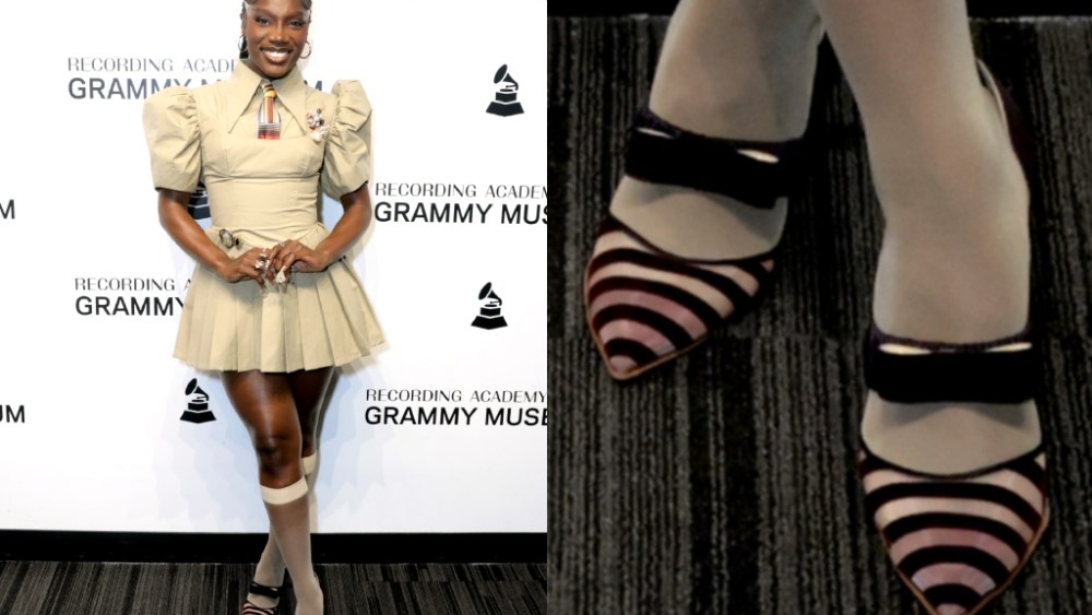 Doechii, Chloe Gosselin lily pumps, Chloe Gosselin pumps, pointed toe striped bow pumps, bow pumps, striped pumps, Tolu Coker fall 2024 dress, Tolu Coker Layered pleated cotton-poplin mini shirt dress, Spotlight: Doechii at Grammy Museum L.A. Live