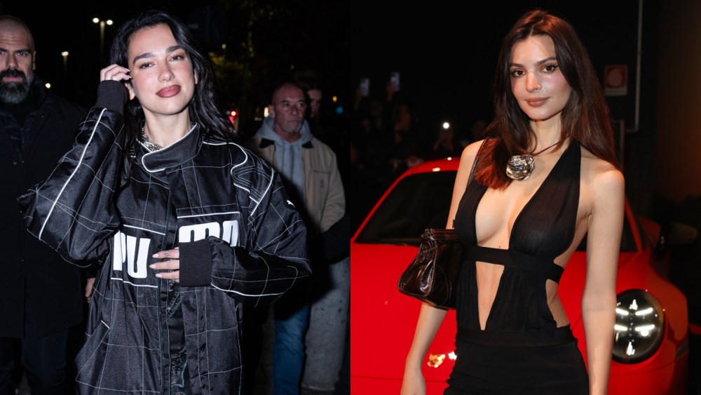 Dua Lipa and Emily Ratajkowski attend the Puma Speedcat launch party on Dec. 10 in Milan, racer jacket, little black dress, Aya Muse