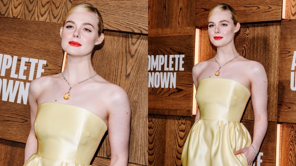 Elle Fanning at the New York premiere of "A Complete Unknown" on Dec. 13, Prada, yellow dress, Cartier, sapphire necklace