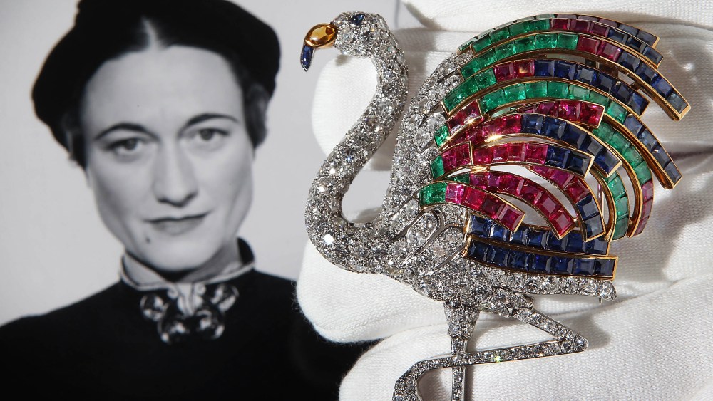 LONDON, ENGLAND - SEPTEMBER 23:  A Cartier flamingo diamond clip from 1940 estimated at £1,000,000 - £1,500,00 is displayed at Sotheby's on September 23, 2010 in London, England. The Jewels of the Duchess of Windsor collection will be auctioned in London on November 30, 2010. The collection, originally auctioned in 1983, comprises 20 pieces owned by Wallis Simpson, The Duchess of Windsor.  (Photo by Peter Macdiarmid/Getty Images)