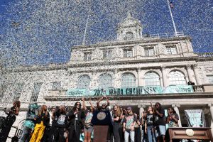 NEW YORK, NEW YORK - OCTOBER 24: The New York Liberty celebrate as confetti flies during the Championship ticker tape parade and victory rally celebrating winning the 2024 WNBA Finals on October 24, 2024 in New York City. NOTE TO USER: User expressly acknowledges and agrees that, by downloading and/or using this photograph, user is consenting to the terms and conditions of the Getty Images License Agreement. (Photo by Elsa/Getty Images)