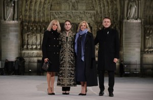 French President Emmanuel Macron (R) and his wife Brigitte Macron (L) pose with First Lady of the United States Jill Biden (CR) and her daughter Ashley Biden (CL) outside Notre-Dame Cathedral ahead of a ceremony to mark the re-opening of the landmark cathedral, in central, Paris on December 7, 2024.