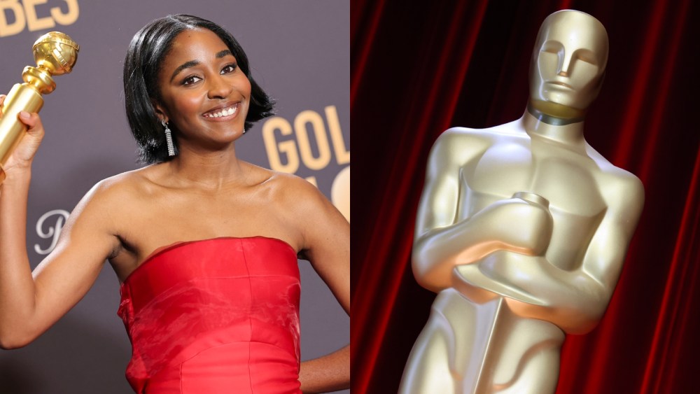 Ayo Edebiri at the 2024 Golden Globes; Oscars statuette sculpture, award shows, red carpet, Academy Awards