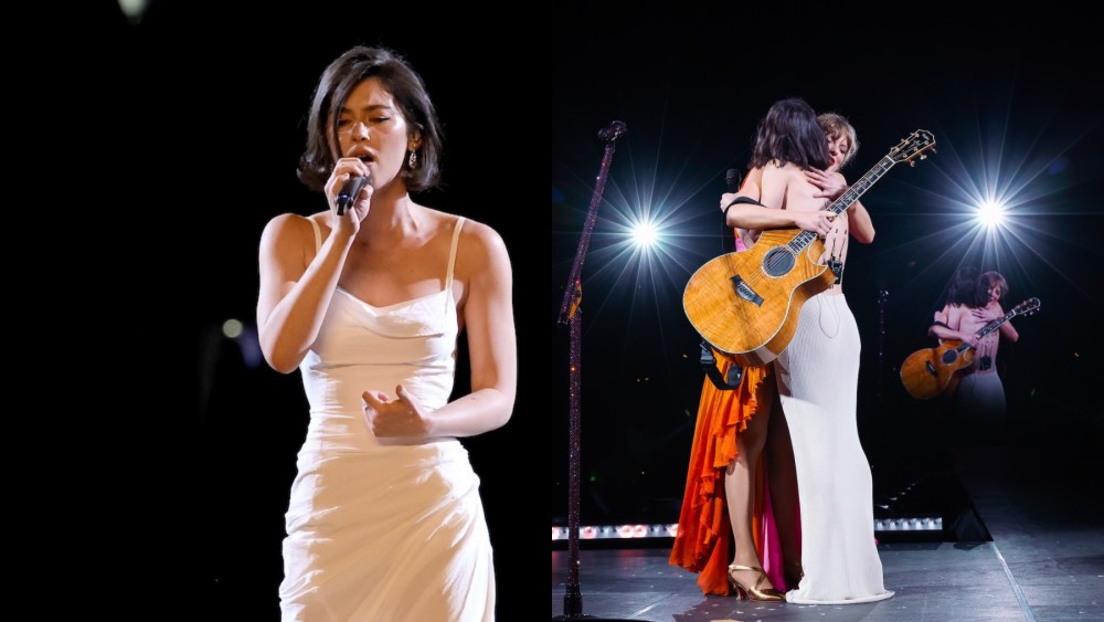 Gracie Abrams wears white  Jacquemus La Robe Saudade Longue dress Dress performs onstage during "Taylor Swift | The Eras Tour" at BC Place on December 06, 2024 in Vancouver, British Columbia.