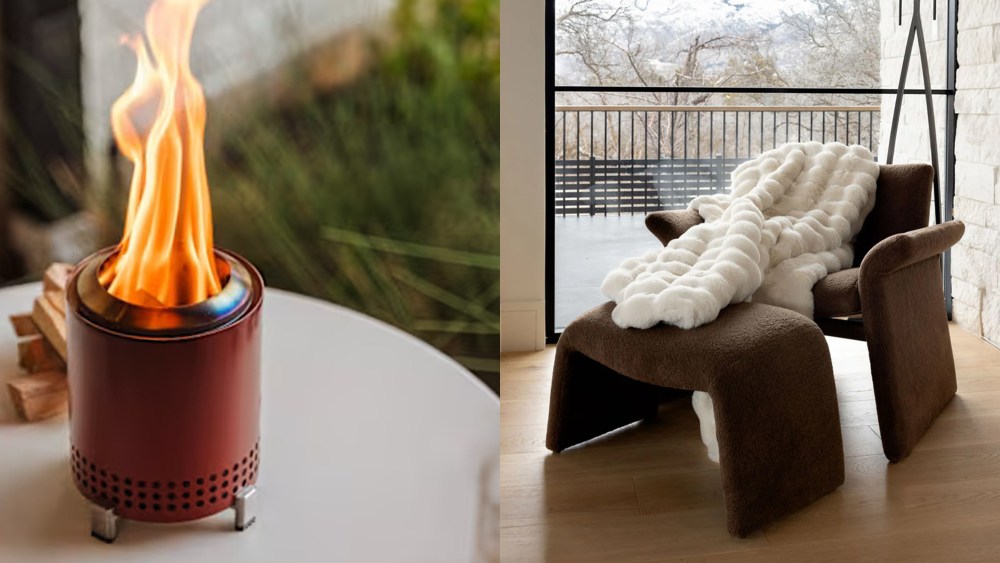 mini solo stove on a table; chair with luxury throw blanket