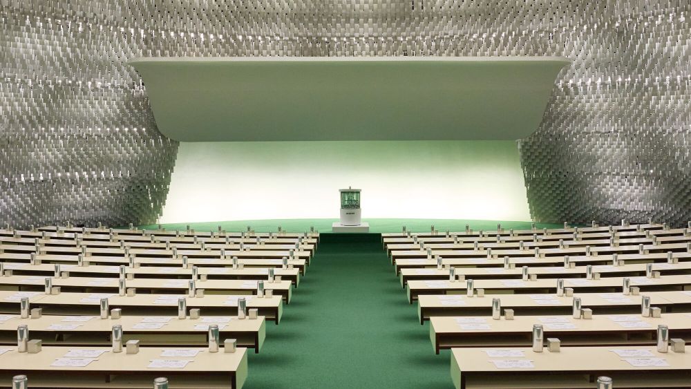 Jacquemus bingo night in the domed conference room at Espace Niemeyer in Paris.