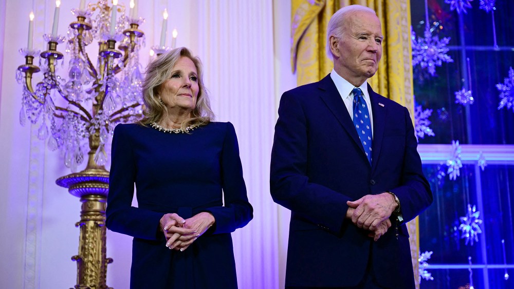 First lady Jill Biden and President Joe Biden attend a Hanukkah holiday reception at the White House on Dec. 16 in Washington.