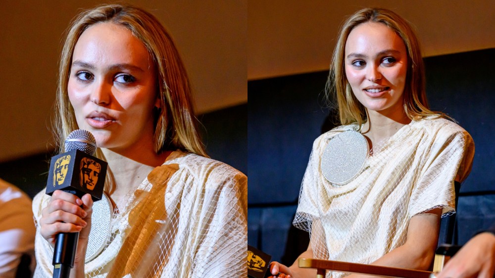 Lily-Rose Depp at a screening of "Nosferatu" on Dec. 15 in New York, fishnet dress, shoulder pads