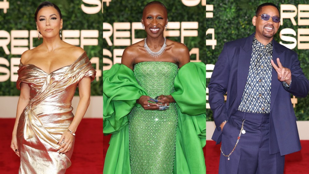 Eva Longoria, Cynthia Erivo and Will Smith attend the opening ceremony of the Red Sea International Film Festival on Dec. 5 in Jeddah, Saudi Arabia, red carpet, gold dress,