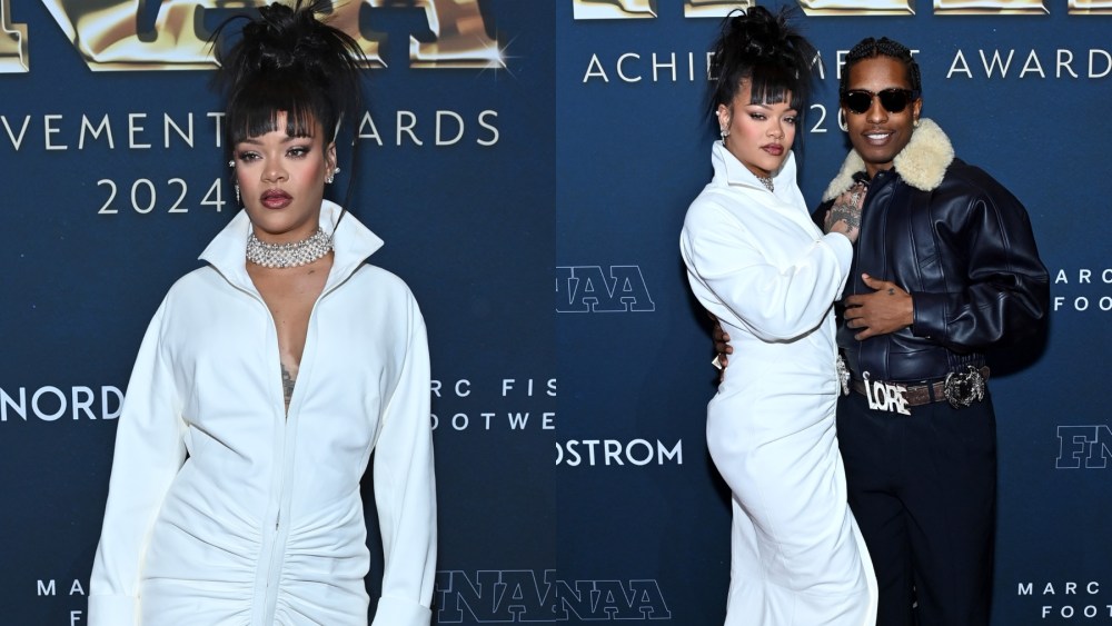 Rihanna and A$AP Rocky attend the Footwear News Achievement Awards on Dec. 4 in New York, Alaïa, Manolo Blahnik, Puma, red carpet